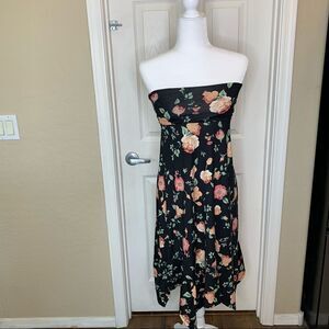 DOUBLJU Strapless Black Floral Dress Size Small Sharkbite Hemline